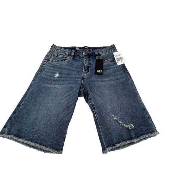 KUT from the Kloth Sophie Bermuda Denim Shorts Size 4 Mid Rise Raw Hem Blue NEW - Picture 1 of 16